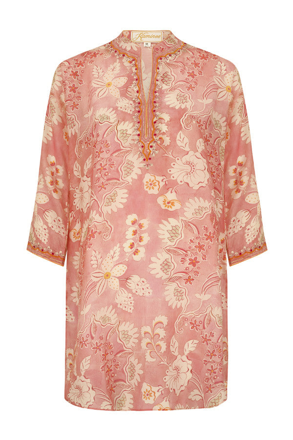 Coral print cotton silk kaftan by Kaminee