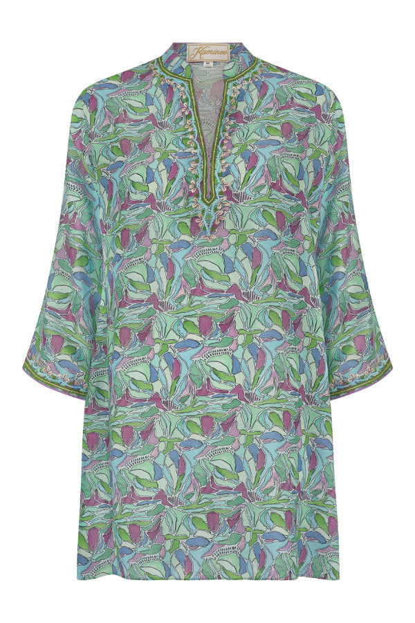 Turquoise and green cotton silk kaftan by Kaminee