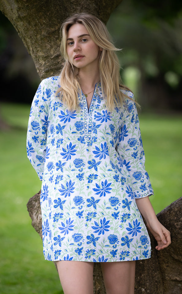 Corfu blue and lime green floral linen kaftan by Kaminee