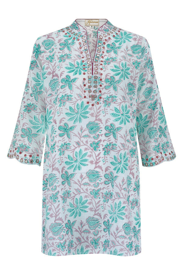 Corfu green and pink floral linen kaftan by Kaminee