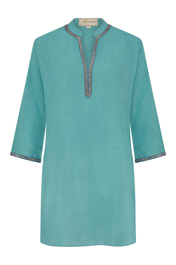 Provence turquoise embroidered linen kaftan by Kaminee