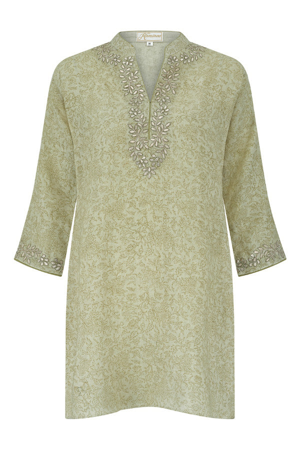 Aman Kora khaki green embroidered linen kaftan by Kaminee