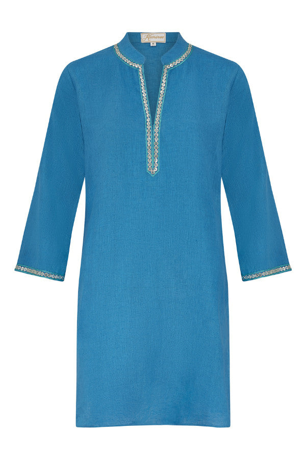 Provence petrol blue embroidered linen kaftan by Kaminee