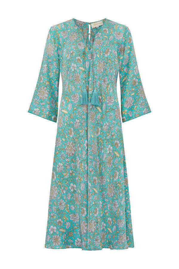 Green print crepe de chine dress with a lightweight flowing silhouette by Kaminee