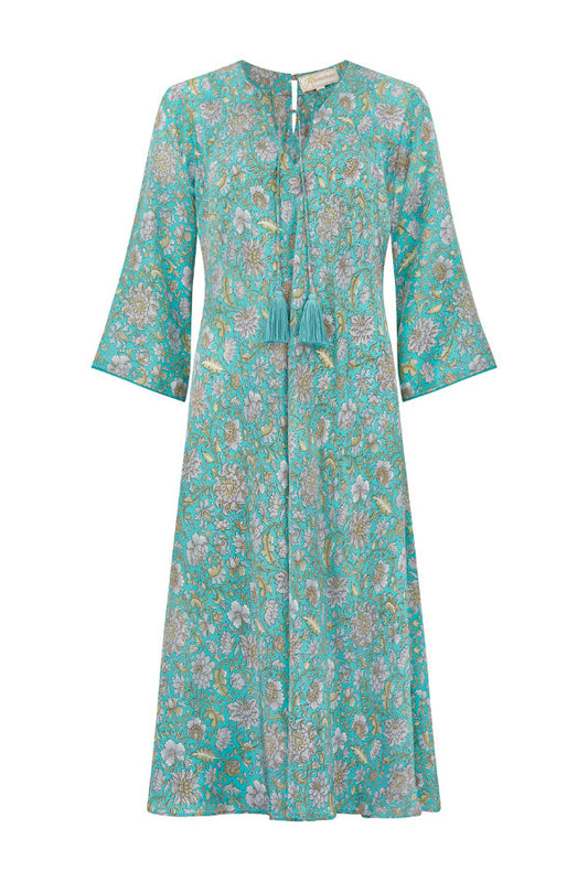 Green print crepe de chine dress with a lightweight flowing silhouette by Kaminee