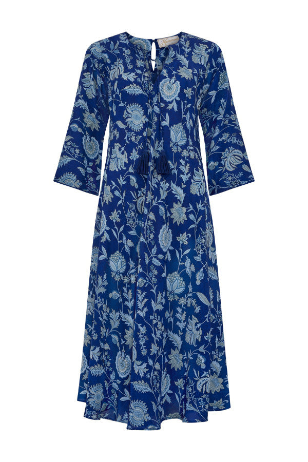 Navy print crepe de chine dress with lightweight flowing fabric by Kaminee