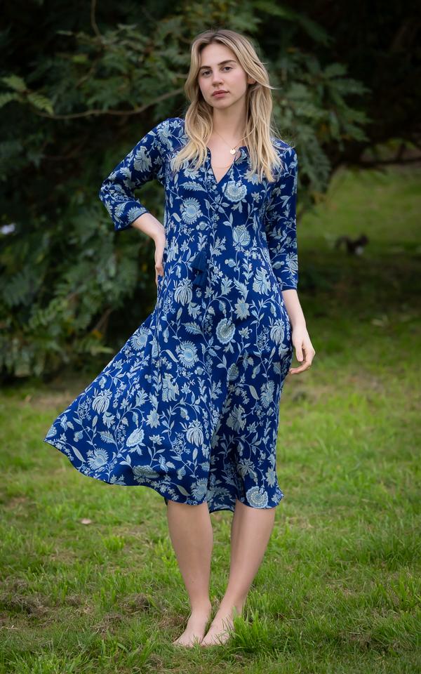 Navy print crepe de chine dress with a relaxed resortwear fit by Kaminee