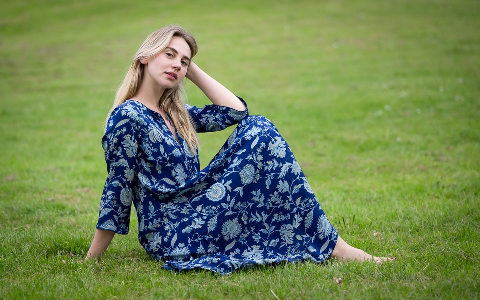 Detail view of navy print crepe de chine dress fabric and drape by Kaminee