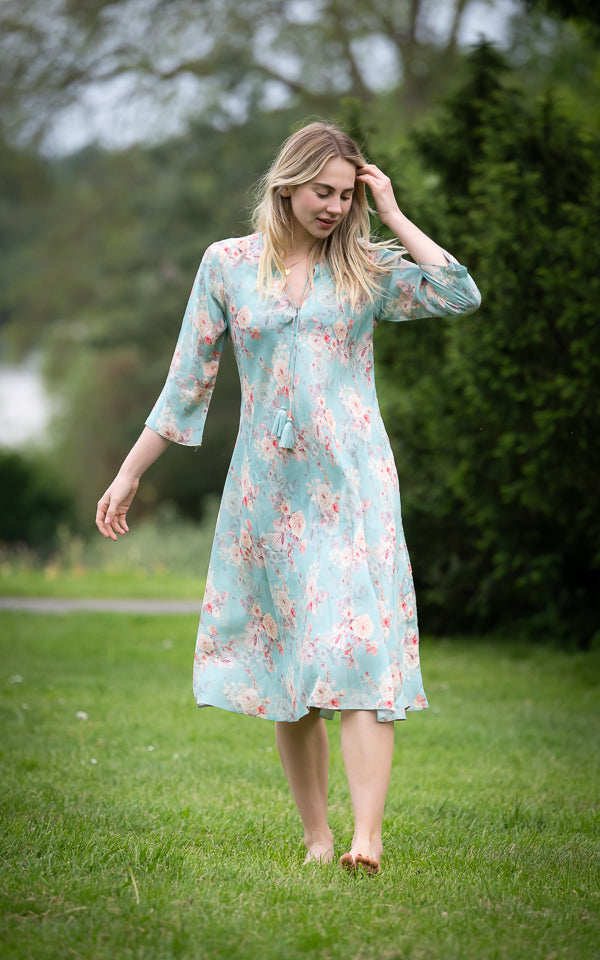 Aqua cotton silk dress with a loose flowing fit by Kaminee
