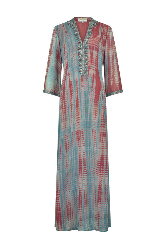 Long coral viscose georgette dress with a soft flowing silhouette by Kaminee