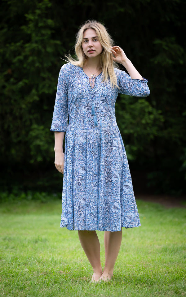 Blue cotton voile dress with a lightweight summer fit by Kaminee