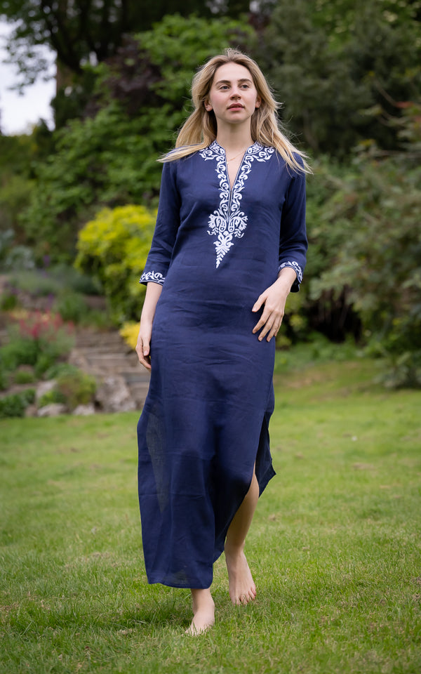 Guadeloupe navy embroidered full-length linen kaftan by Kaminee