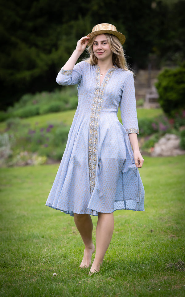 Baby blue cotton dress with a full-length relaxed silhouette by Kaminee