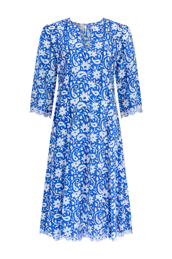 Detail view of blue cotton silk dress fabric and drape by Kaminee