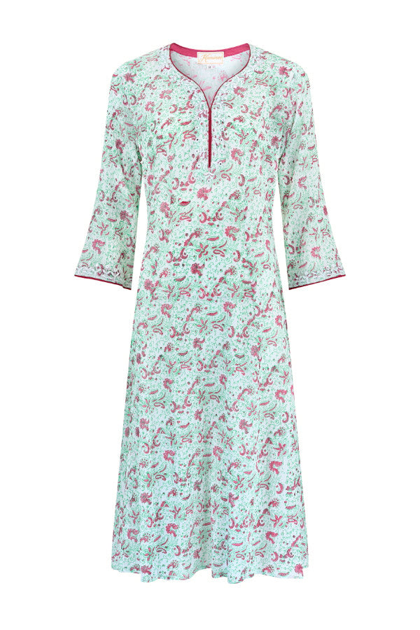 Relaxed cotton dress in a fuchsia and green resort print by Kaminee