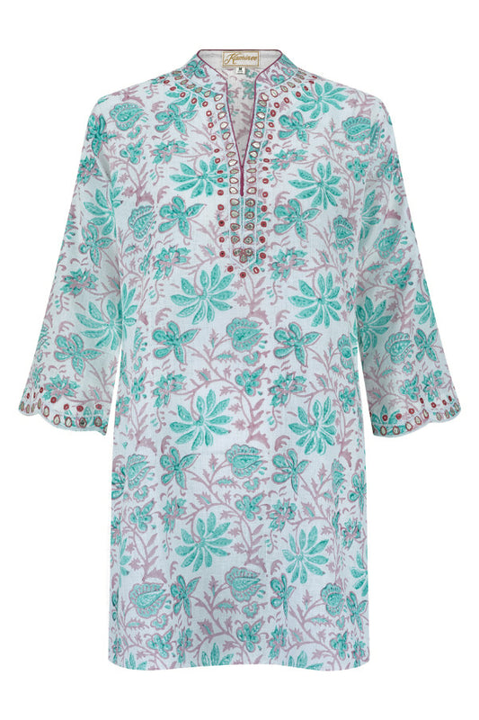 Pink and Green Cotton Crepe Kaftan by Kaminee
