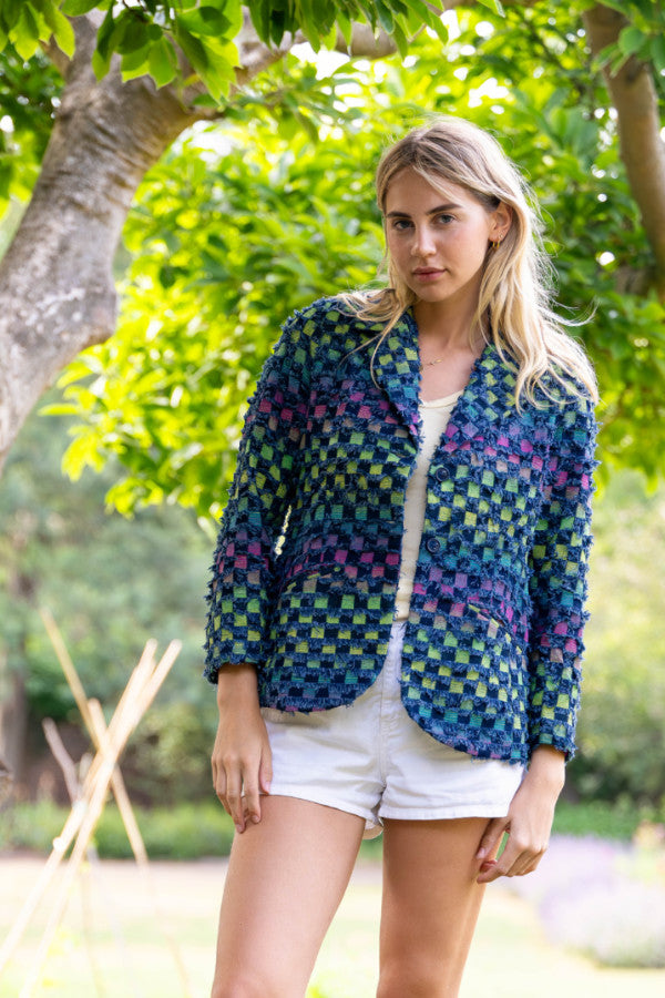 Two-tone cotton denim jacket, colourful variant, relaxed fit, by Kaminee