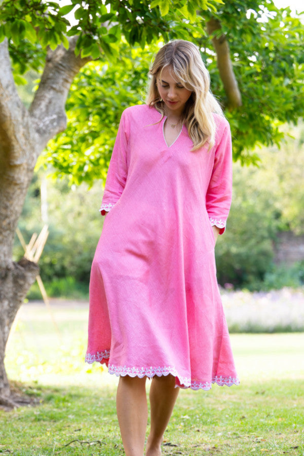 Sea Breeze pink linen kaftan dress by Kaminee