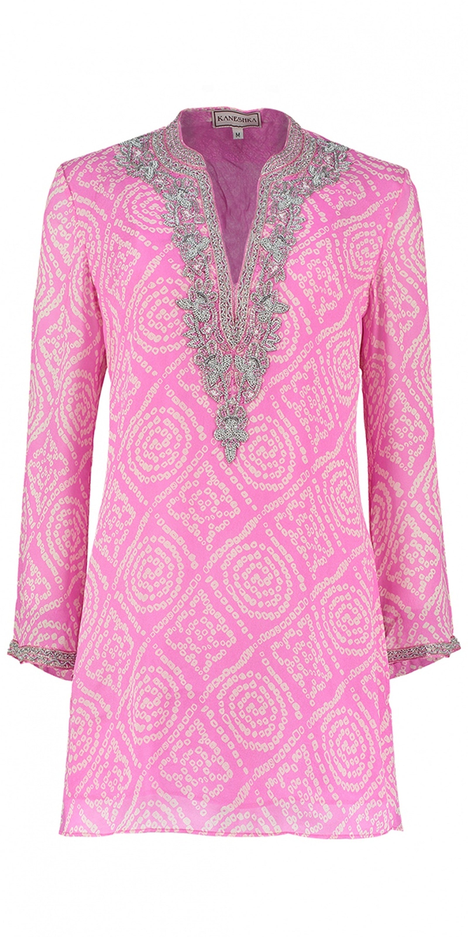 Benares fuchsia and lilac hand-embroidered silk kaftan by Kaminee, georgette-lined with delicate embroidery detail