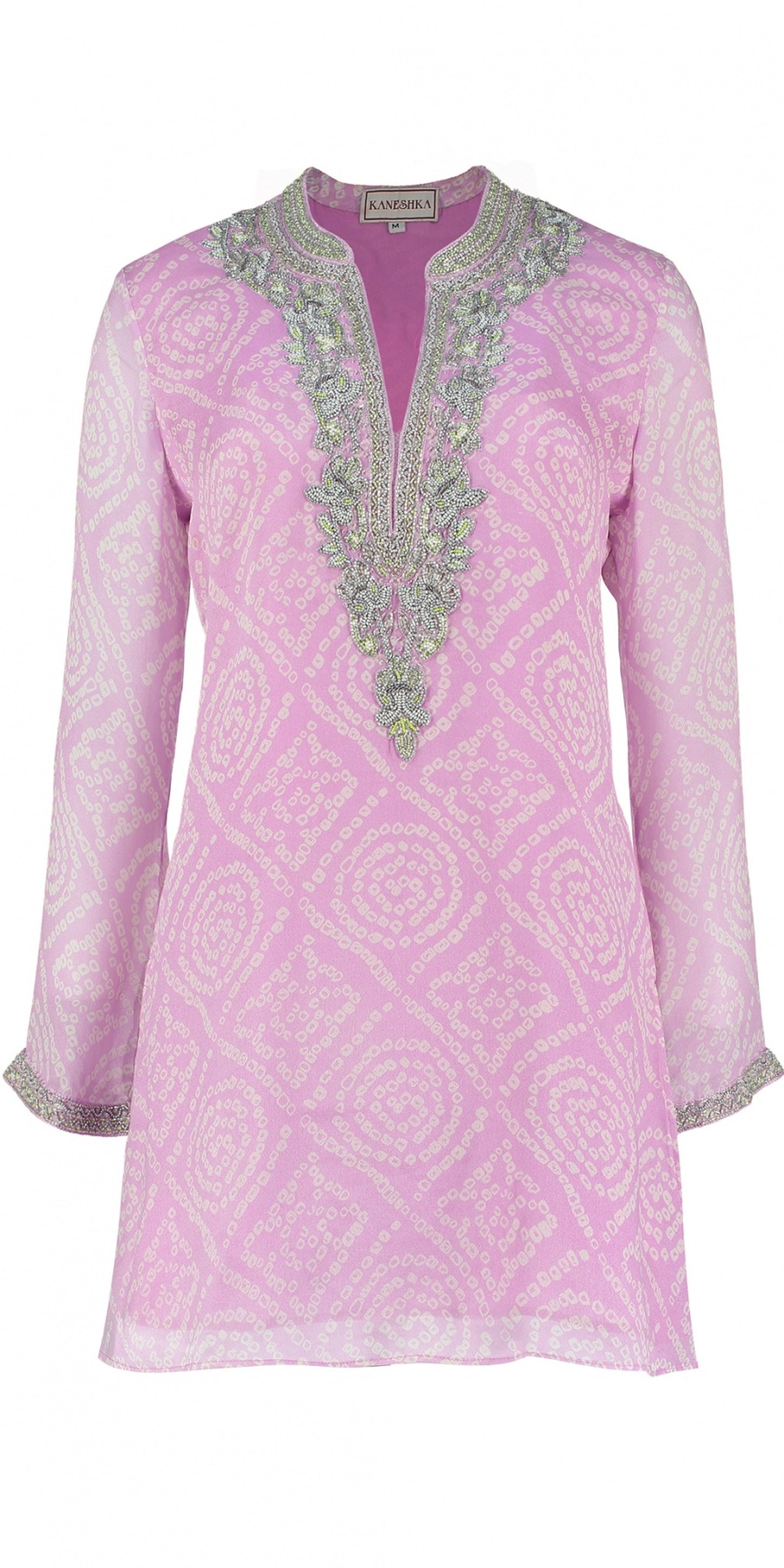 Benares lavender hand-embroidered silk kaftan by Kaminee, georgette-lined with delicate embroidery detail