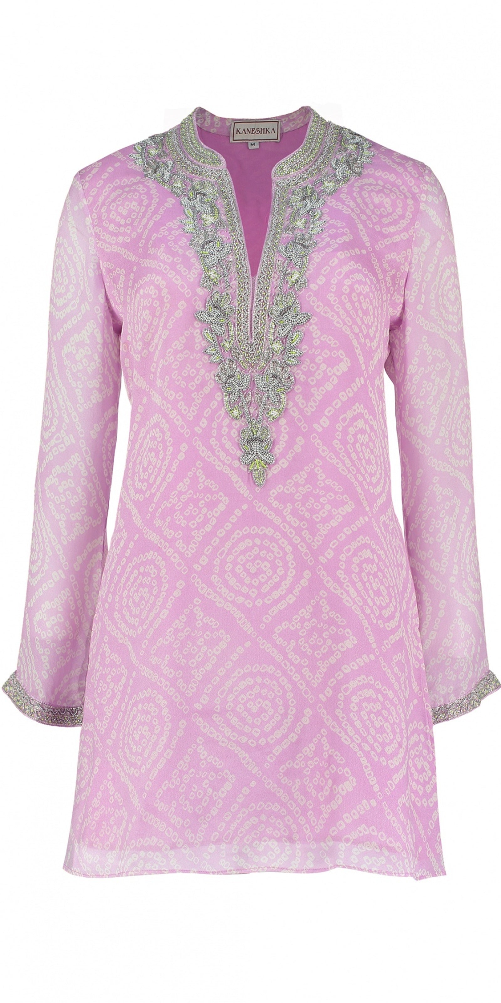 Benares lavender hand-embroidered silk kaftan by Kaminee, georgette-lined with delicate embroidery detail