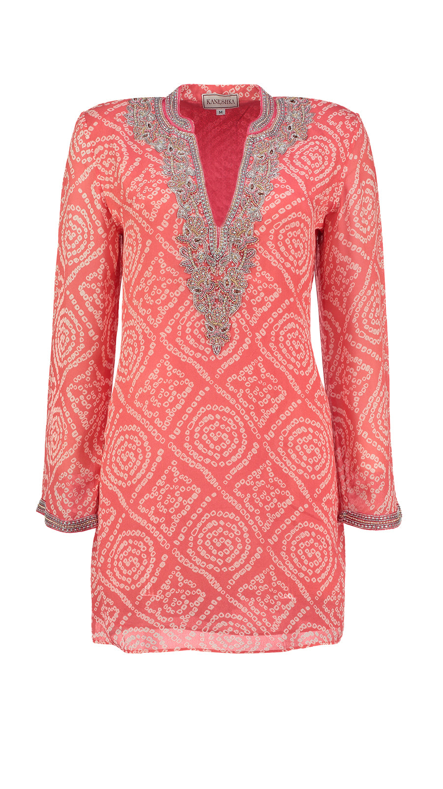 Coral pink silk kaftan with embroidery by Kaminee