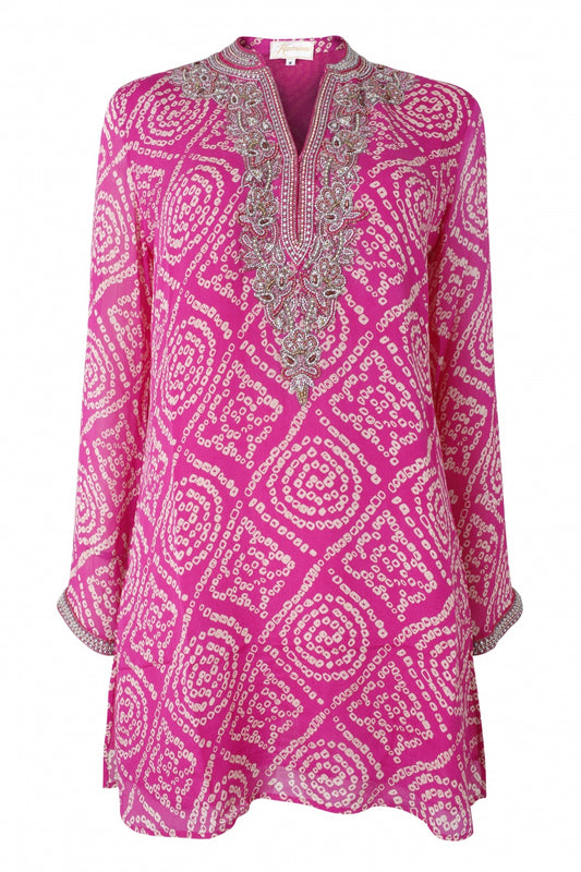 Fuschia pink silk kaftan with embroidery by Kaminee