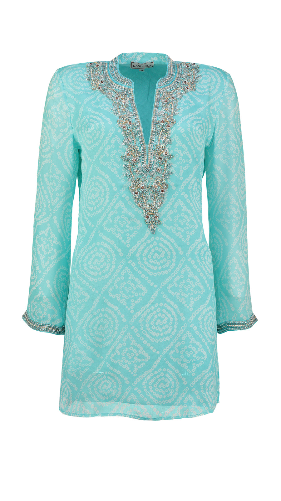 Cocoa Palm turquoise hand-embroidered silk kaftan by Kaminee, georgette-lined with relaxed occasion-wear silhouette