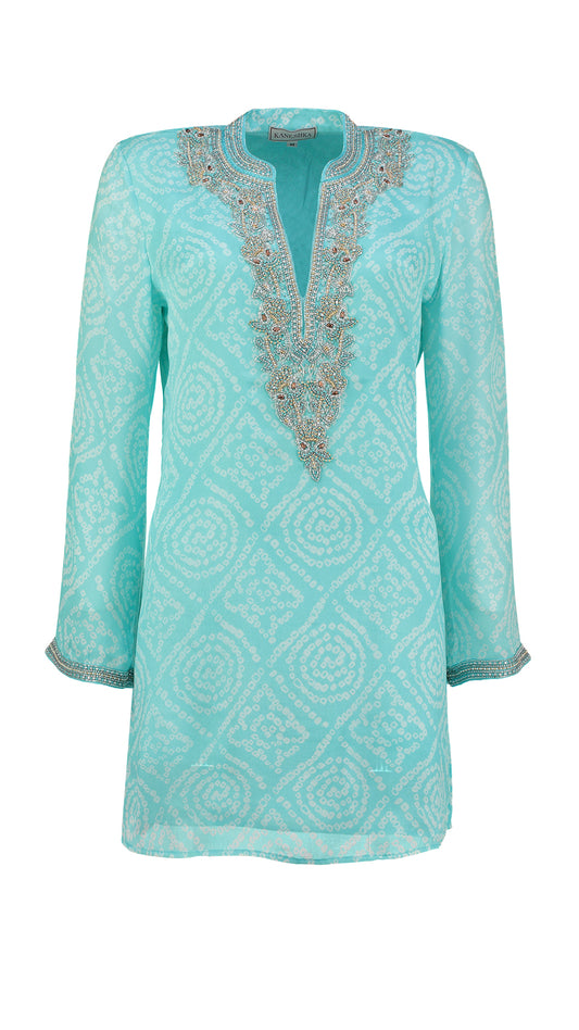 Blue silk kaftan with embroidery by Kaminee