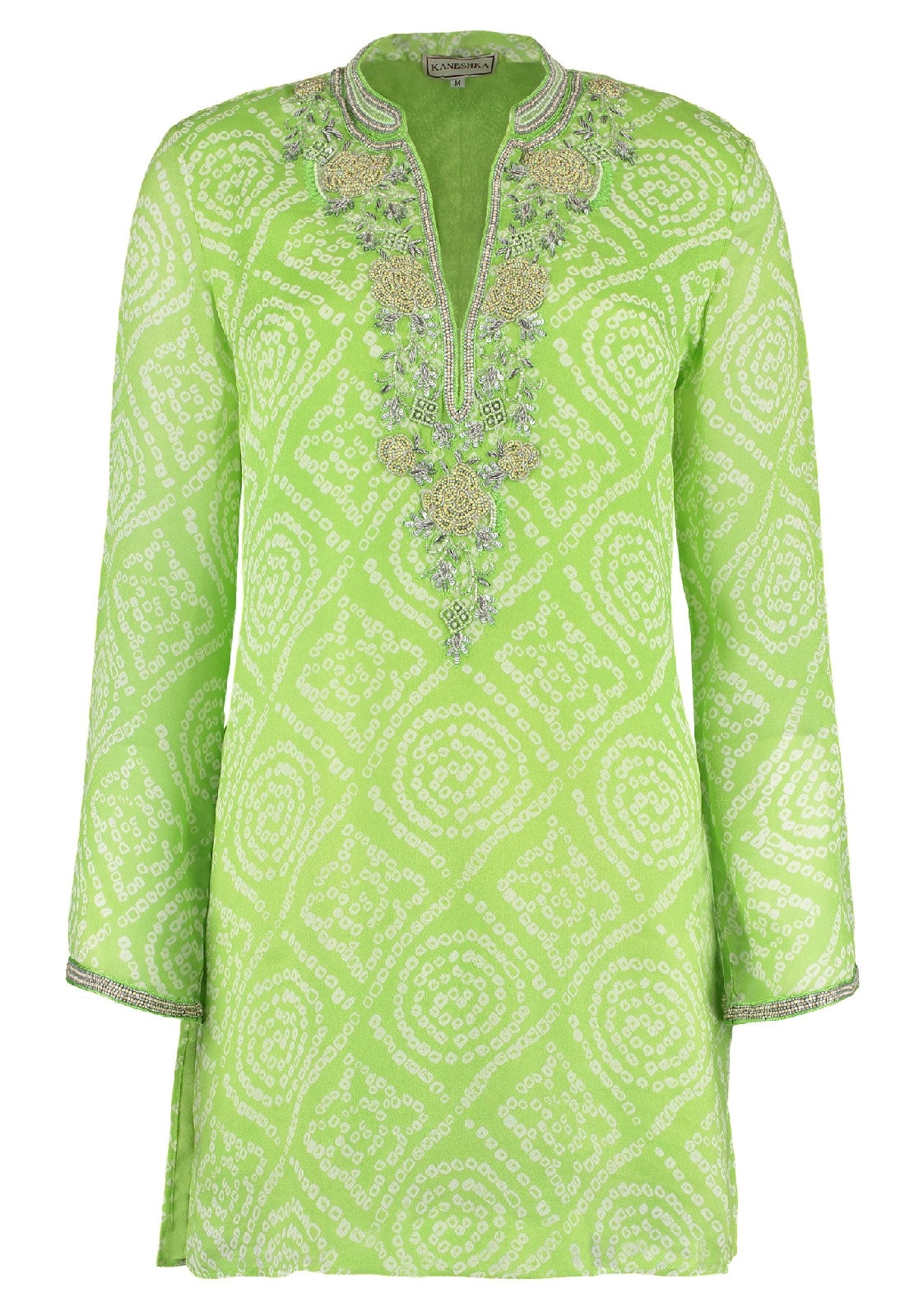 Amber Fort lime green hand-embroidered silk kaftan by Kaminee, georgette-lined with intricate embroidery and relaxed silhouette