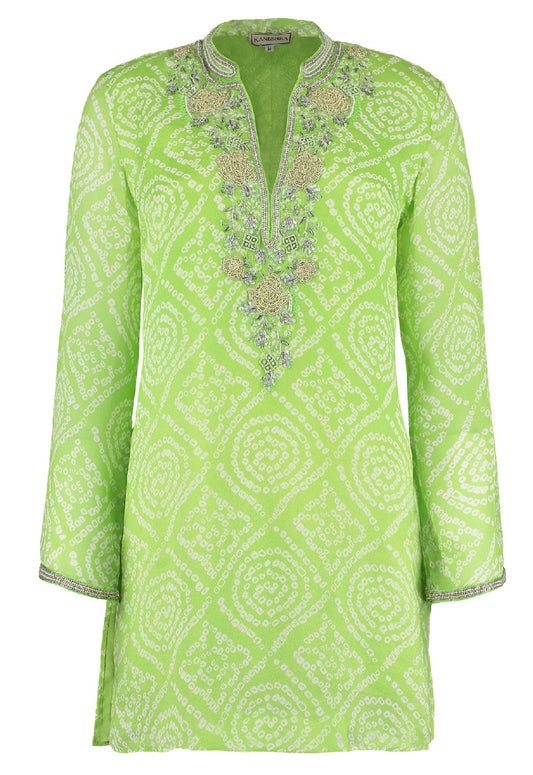 Lime green silk kaftan with embroidery by Kaminee