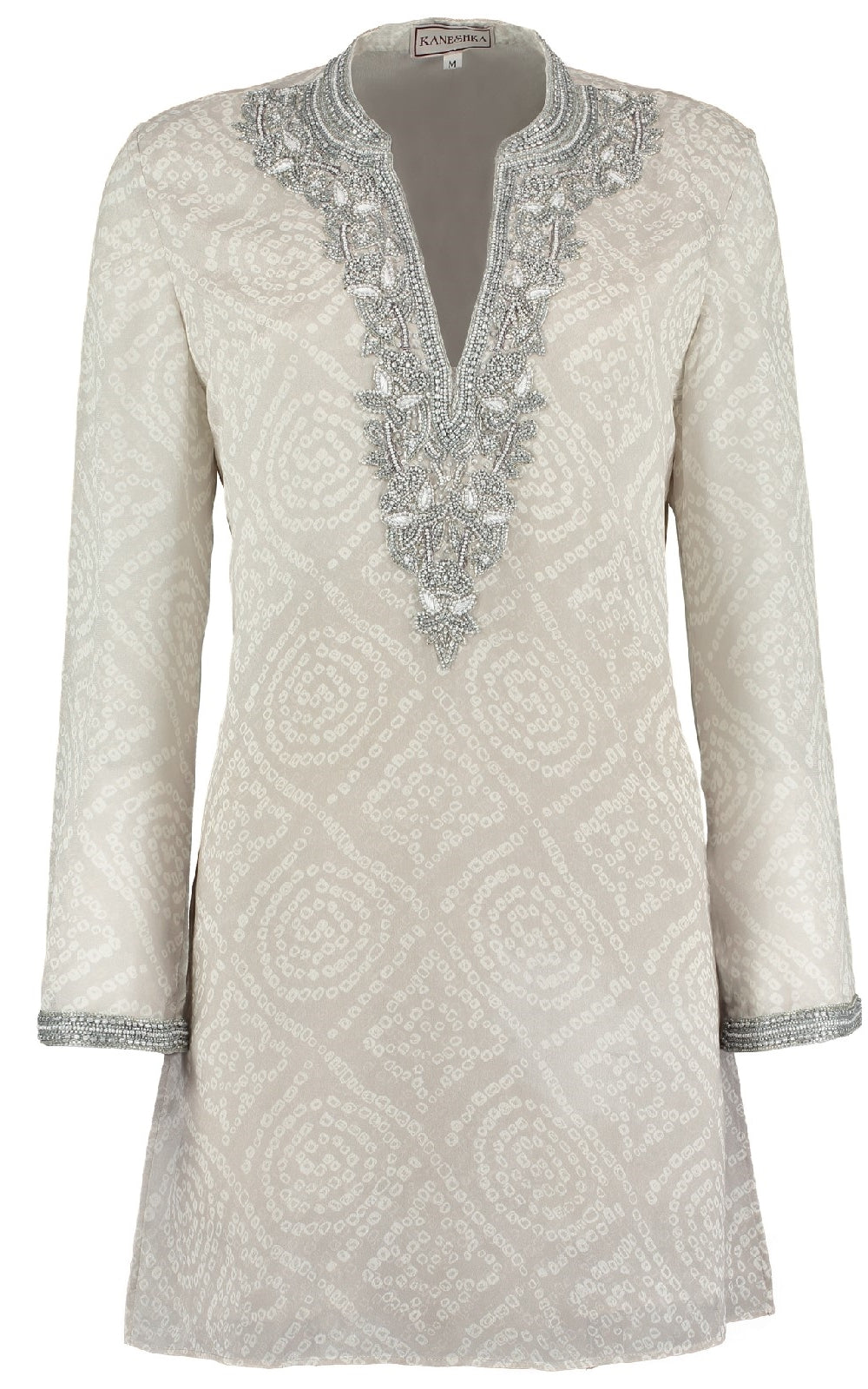 Rambagh Palace grey hand-embroidered silk kaftan by Kaminee, georgette-lined with classic embroidery detail