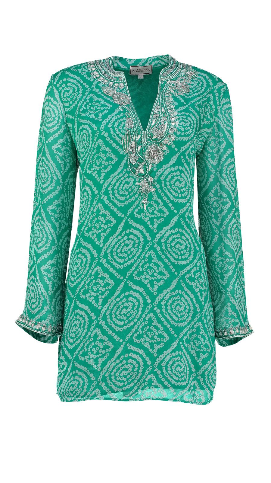 Rosalie Bay green hand-embroidered silk kaftan by Kaminee, georgette-lined with intricate embroidery and relaxed silhouette