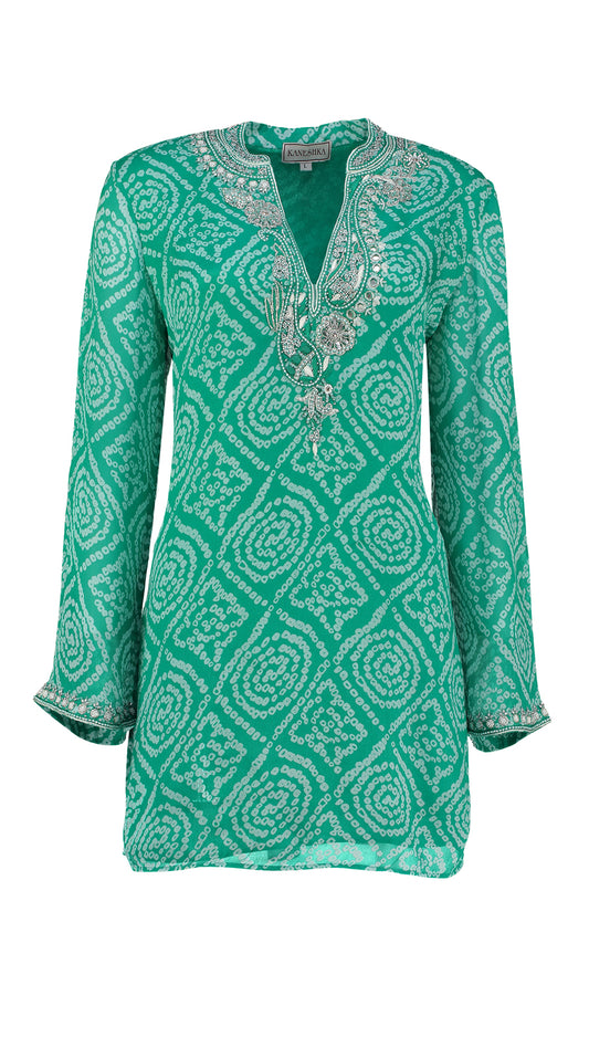 Green silk kaftan with embroidery by Kaminee