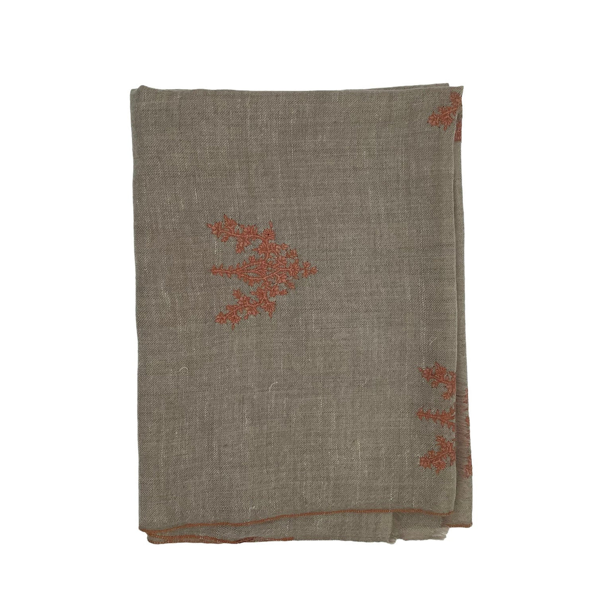 Beige pure cashmere stole with terracotta hand-embroidered motifs