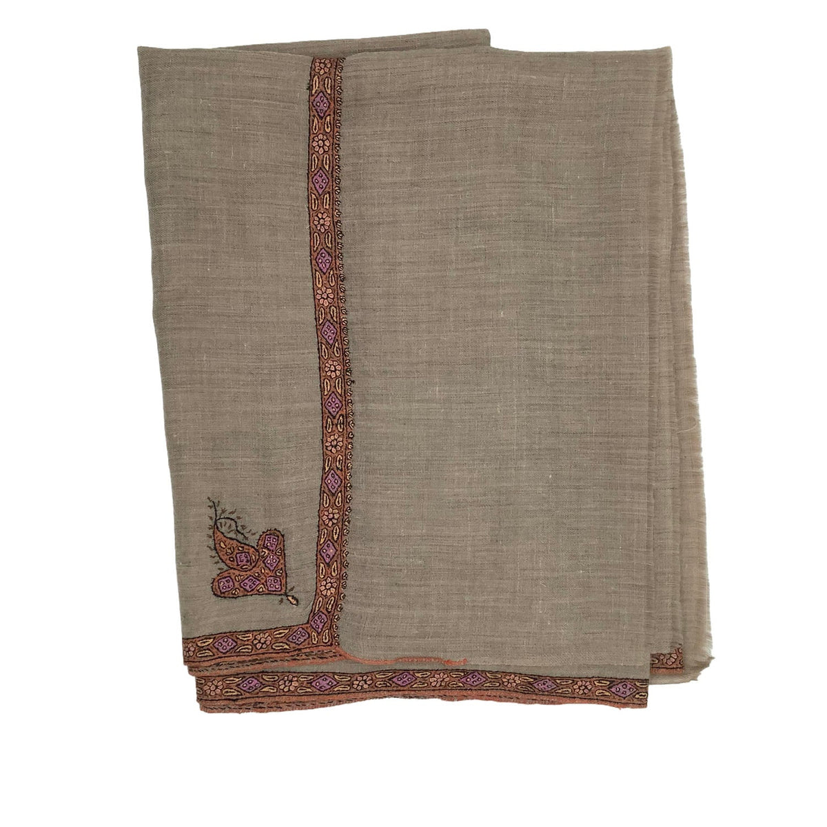 Beige pure cashmere stole with subtle paisley hand embroidery