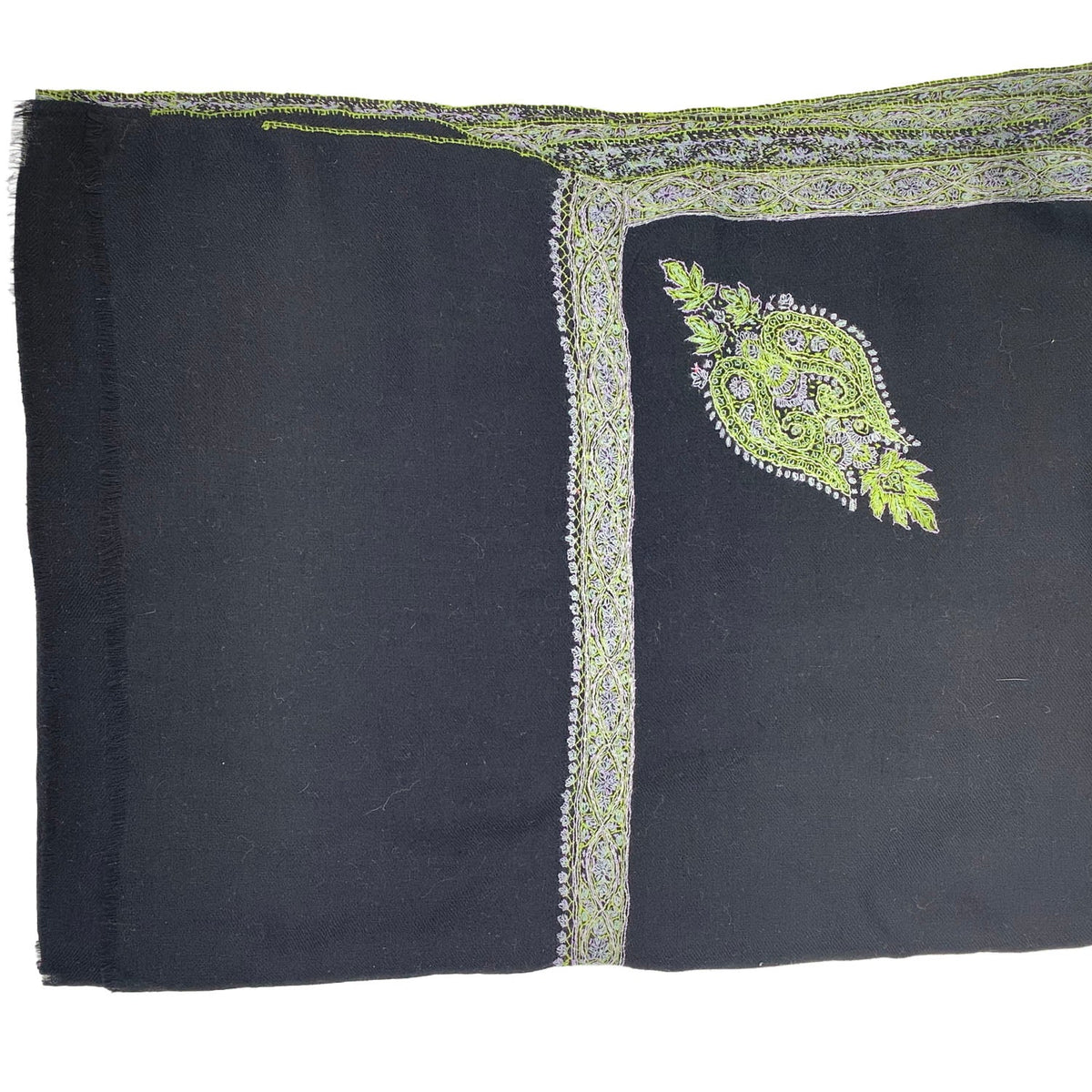 Black pure cashmere stole with lime green and blue paisley embroidery