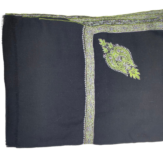 Black pure cashmere stole with lime green and blue paisley embroidery