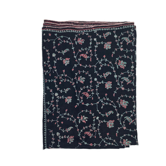 Black pure cashmere stole with pink, blue and green jaal embroidery
