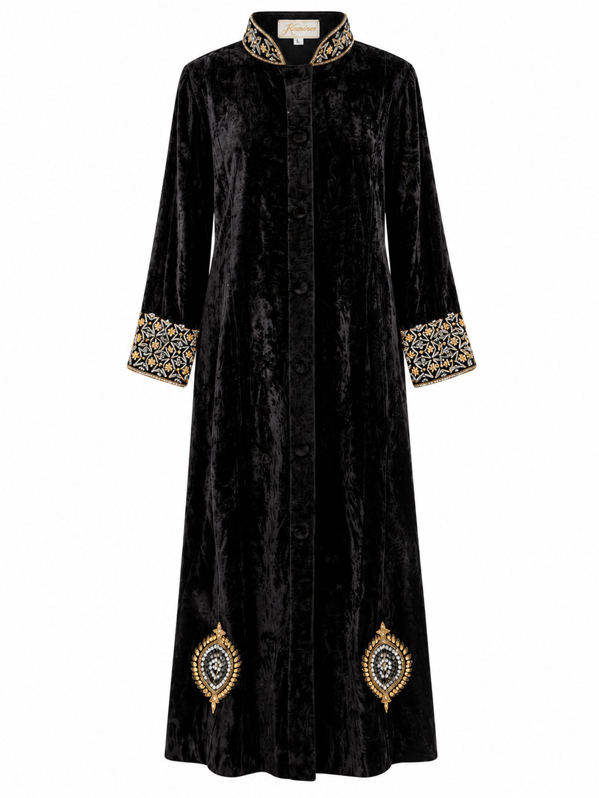 Kaminee black silk velvet Heritage Swing Jacket with hand embroidery and button-front silhouette