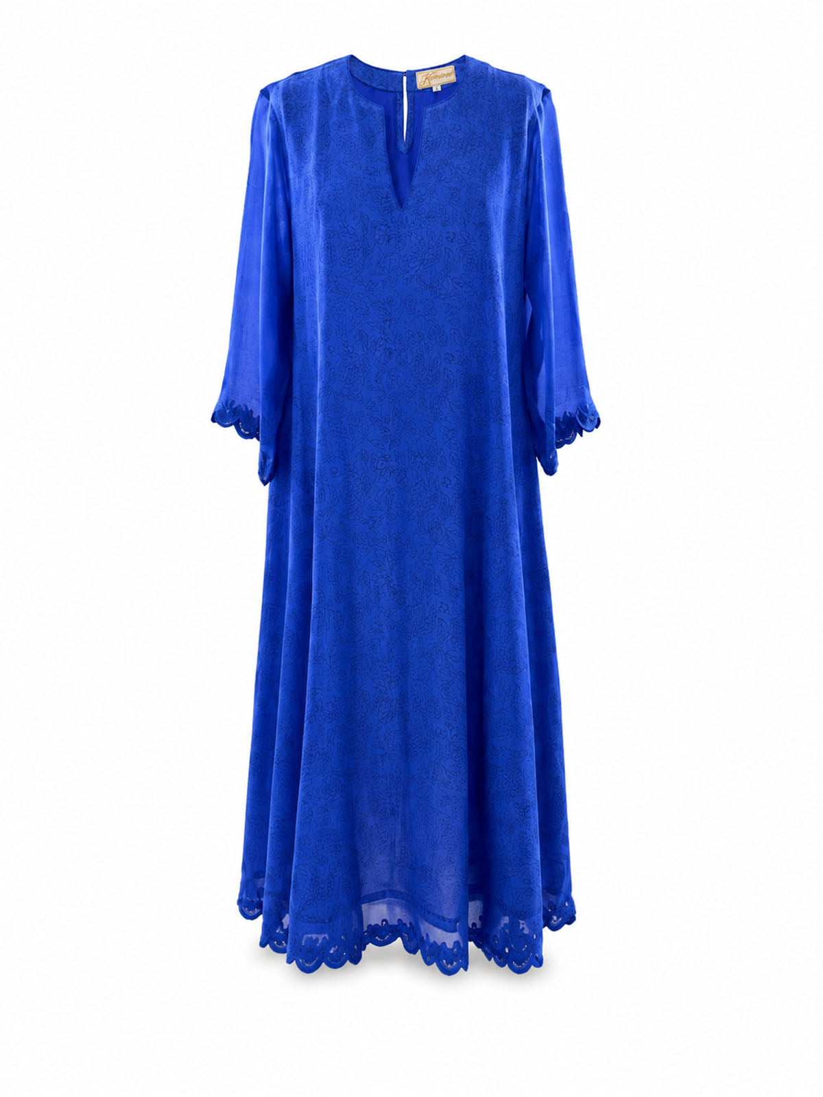 Istanbul blue georgette dress with scalloped hem and three-quarter sleeves