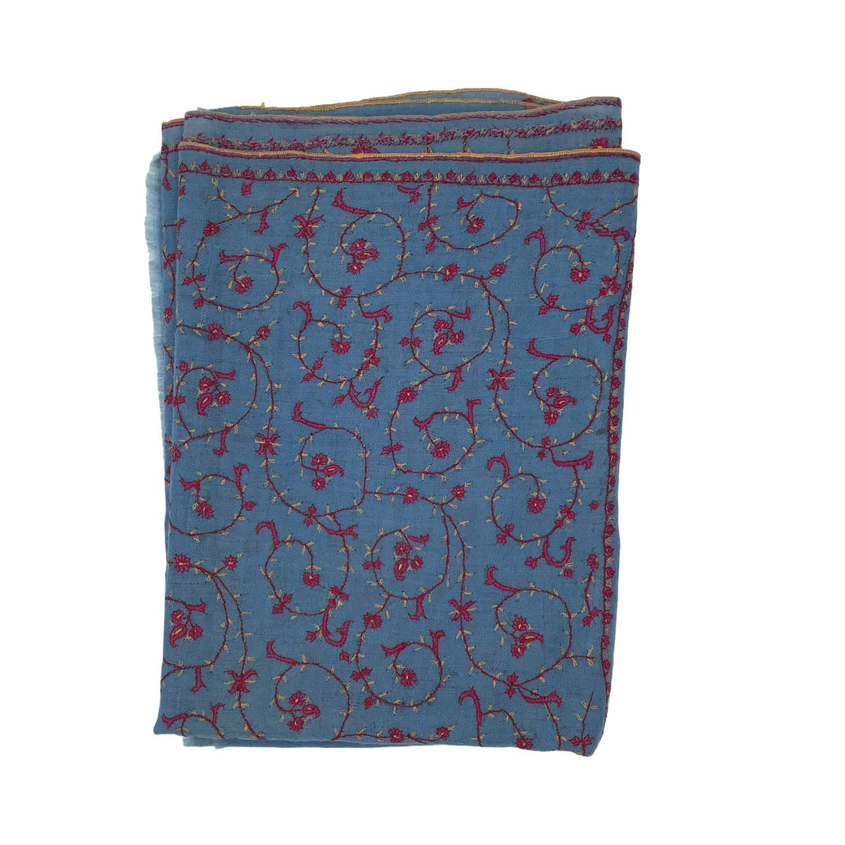 Blue pure cashmere stole with red jaal hand embroidery