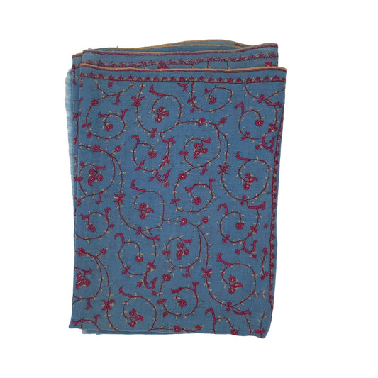 Blue pure cashmere stole with red jaal hand embroidery