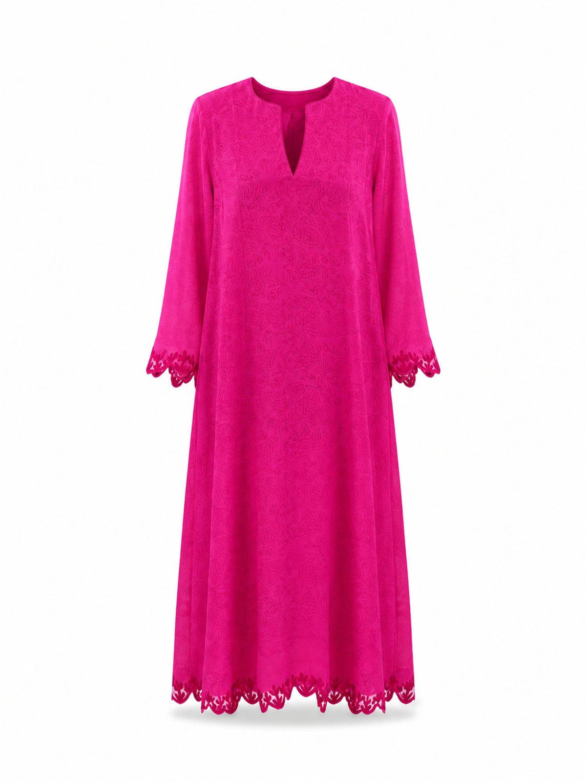 Istanbul fuchsia georgette dress with scalloped hem and three-quarter sleeves