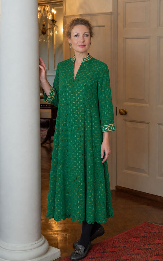Amara green georgette dress with gold embroidery and scalloped hem