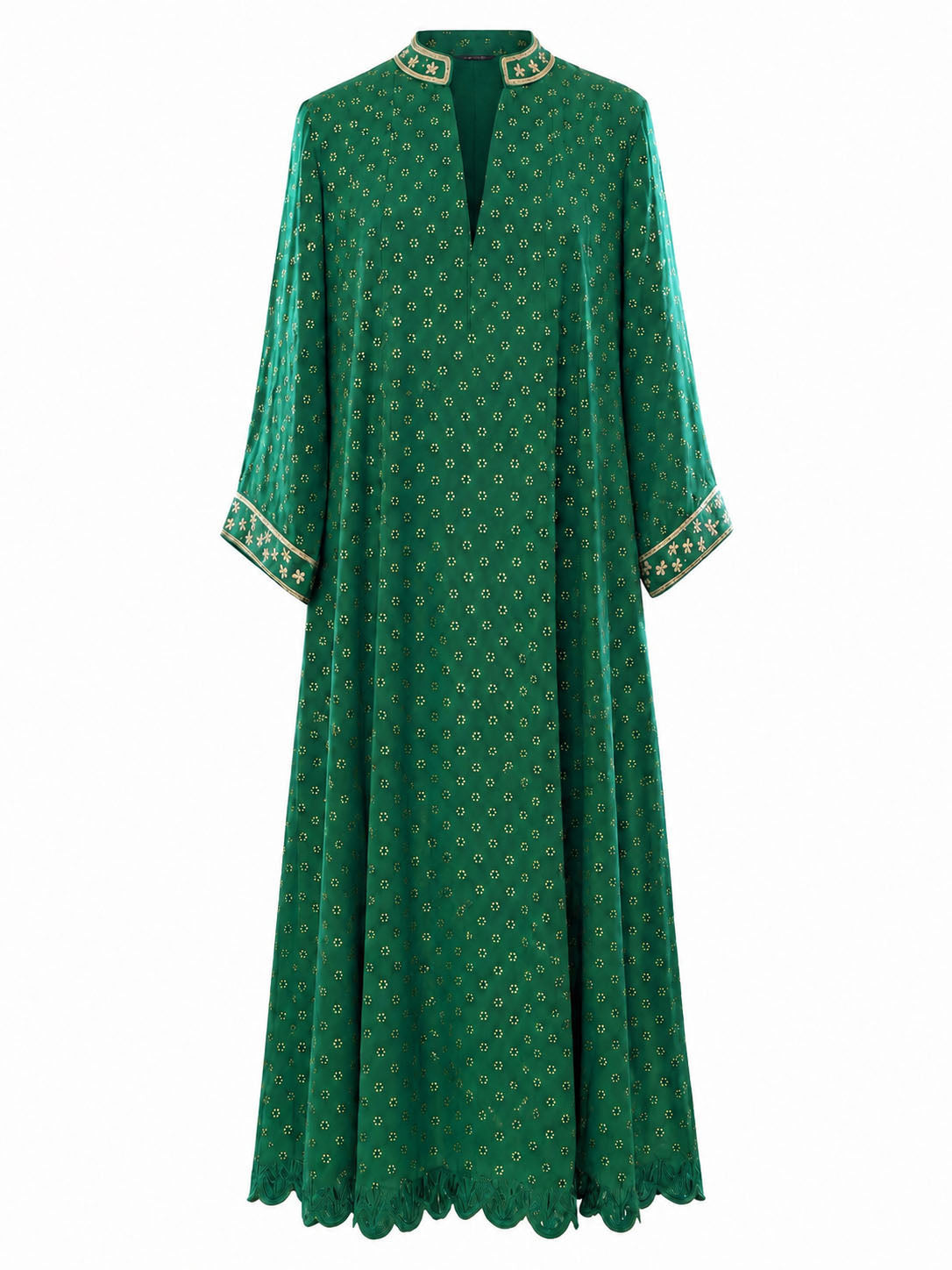 Amara green georgette dress with gold embroidery and scalloped hem