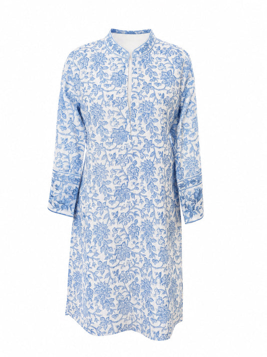 Lagoon Linen Kaftan in Blue — ivory linen with cornflower block-print floral, tonal border trim, relaxed fit, by Kaminee