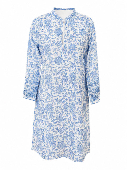 Lagoon Linen Kaftan in Blue — ivory linen with cornflower block-print floral, tonal border trim, relaxed fit, by Kaminee