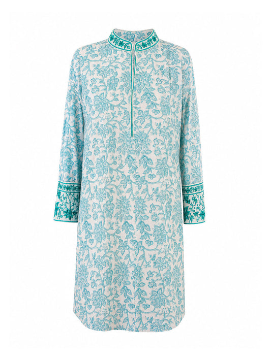 Lagoon Linen Kaftan — ivory linen with aqua block-print floral, teal embroidered collar and cuffs, relaxed fit, by Kaminee