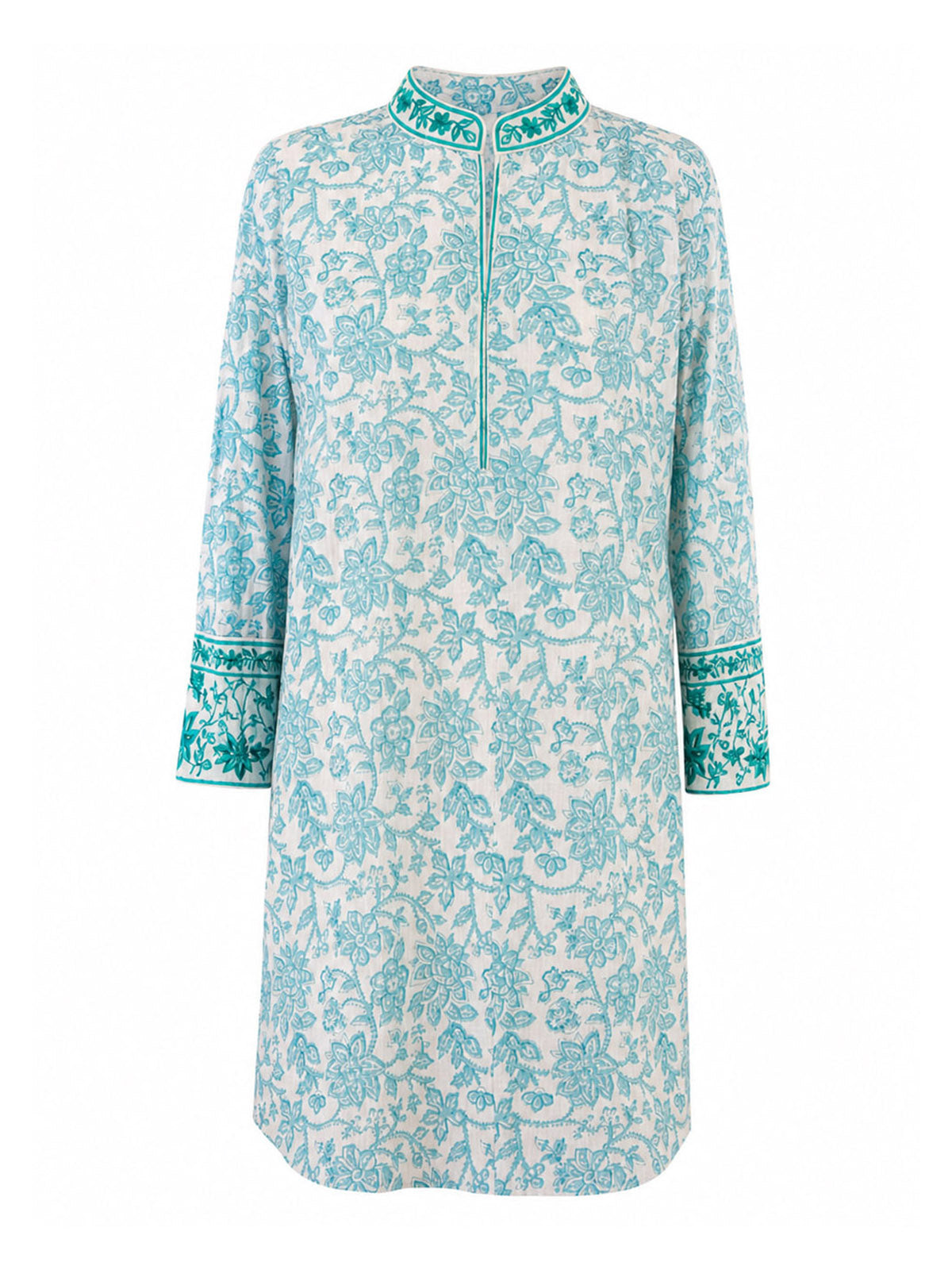 Lagoon Linen Kaftan — ivory linen with aqua block-print floral, teal embroidered collar and cuffs, relaxed fit, by Kaminee